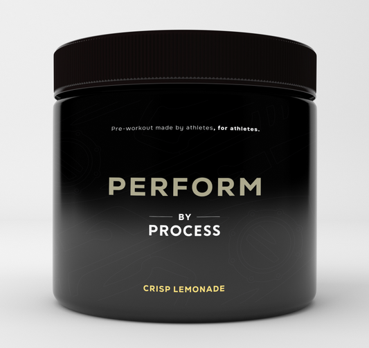 Black container of 'Perform by Process' pre-workout supplement on a light gray background